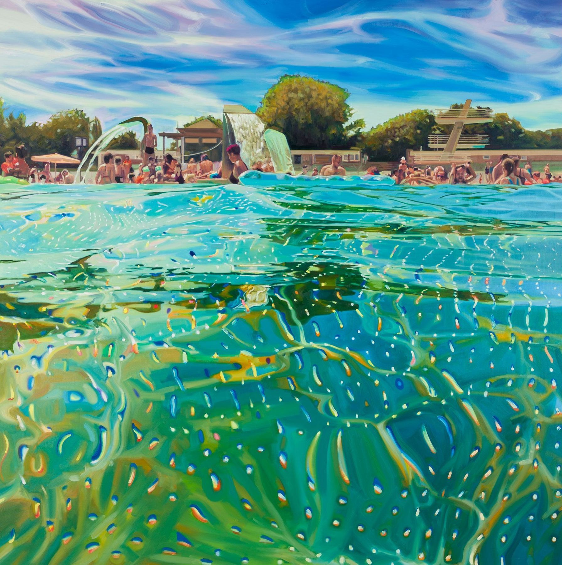 Cameron Rudd, Pankow Freibad, oil on canvas, 200 × 200 cm. Vivid detail of a public outdoor swimming pool, shown both above and below the waterline. Children and swimmers in motion, with shimmering reflections and liquid light creating a kaleidoscopic atmosphere.
